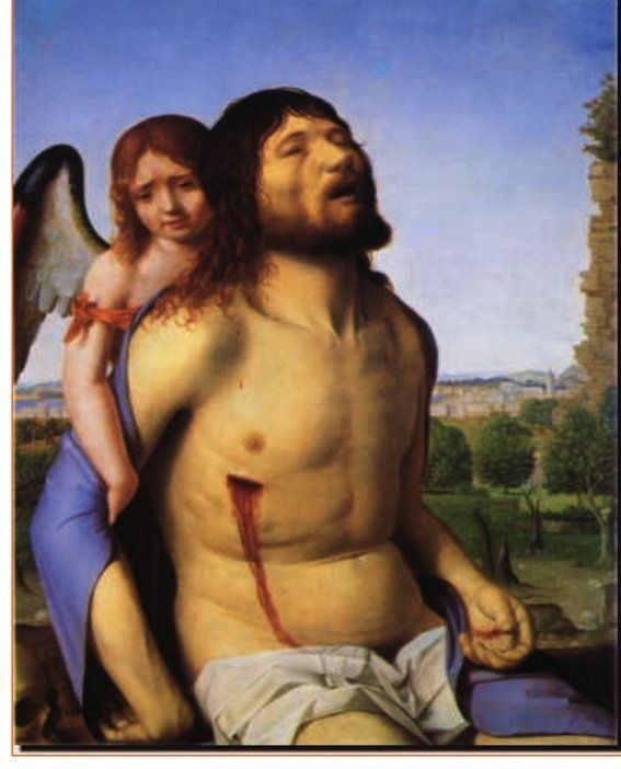 Antonello da Messina, Cristo morto sostenuto da un angelo, 1476 circa, olio su tavola, Museo del Prado, Madrid. sullo sfondo del quadro di Antonello, la vivacità della città di Messina, con le sue abitazioni, i suoi monumenti e il porto attivo.