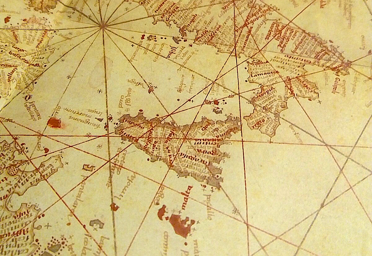 Grazioso Benincasa, Carta Nautica del Mediterraneo, 1482. Dettaglio dell'Italia meridionale e delle rotte passanti per la Sicilia, Biblioteca Universitaria di Bologna. Grazioso Benincasa, Carta Nautica del Mediterraneo, 1482. Dettaglio dell'Italia meridionale e delle rotte passanti per la Sicilia, Biblioteca Universitaria di Bologna.