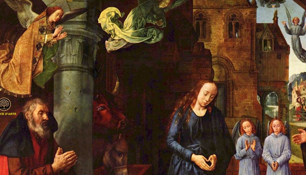 un dettaglio del Trittico Portinari che mostra la ricchezza e la varietà delle stoffe fiamminghe.