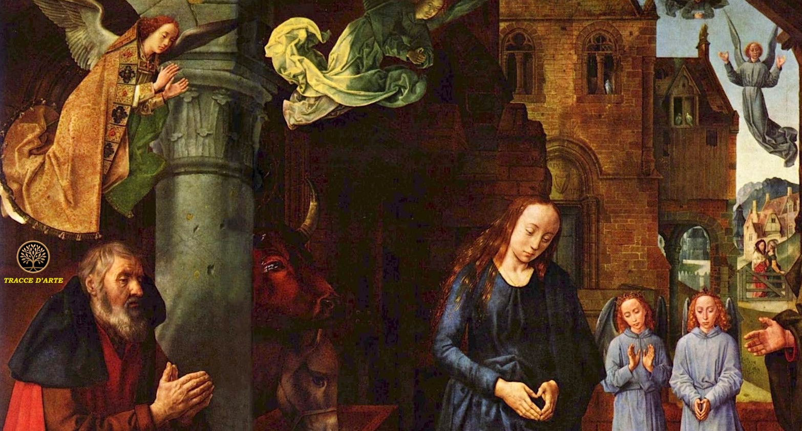 Hugo van der Goes, Trittico Portinari, particolare, 1477-1478, olio su tavola, 253×608 cm, Gallerie degli Uffizi, Firenze. un dettaglio del Trittico Portinari che mostra la ricchezza e la varietà delle stoffe fiamminghe.