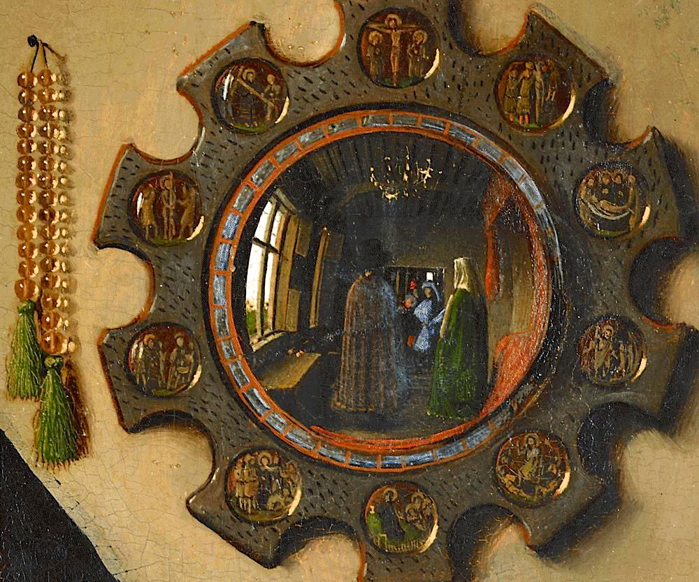 Dettaglio dello specchio convesso nel Ritratto dei coniugi Arnolfini di Jan van Eyck.