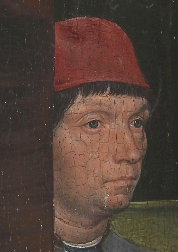 Hans Memling, Trittico Donne, 1478, particolare del probabile autoritratto del pittore con il copricapo rosso, The National Gallery, Londra.
