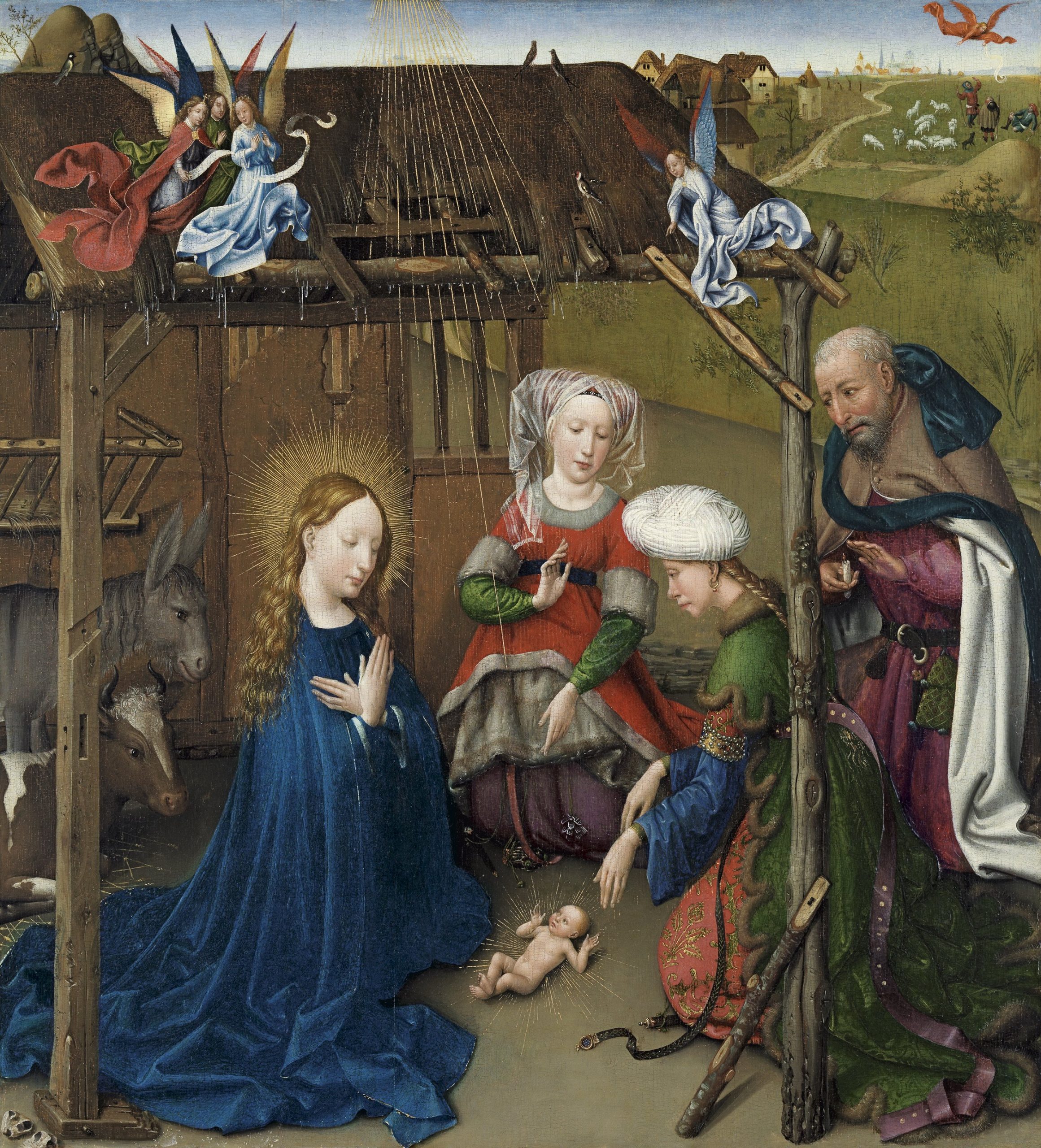 Jacques Daret, Natività, 1435, olio su tavola, 60 x 53 cm,Museo Thyssen-Bornemisza, Madrid.
