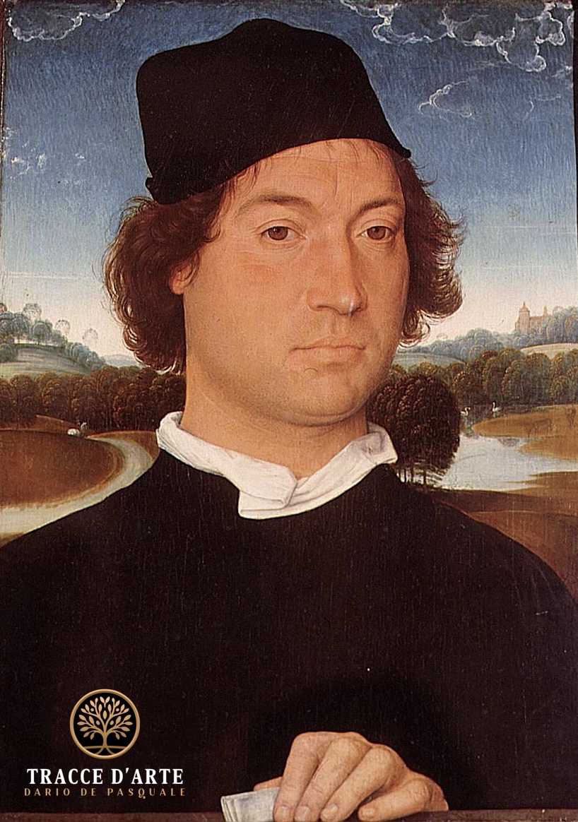 Hans Memling (Seligenstadt, 1433 ca. – Bruges, 1494; attribuzione) Uomo con lettera, 1478–1479 ca. Pittura a olio su tavola (trasportata su tela), 35 × 26 cm Firenze, Gallerie degli Uffizi